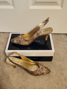 Karen Scott Metallic Snake-Embossed Slingback Heels with Bow